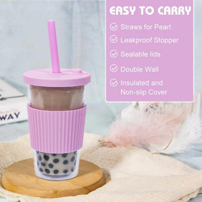Bubble Tea Becher 500ml mit Deckel und Strohhalm 2er Set