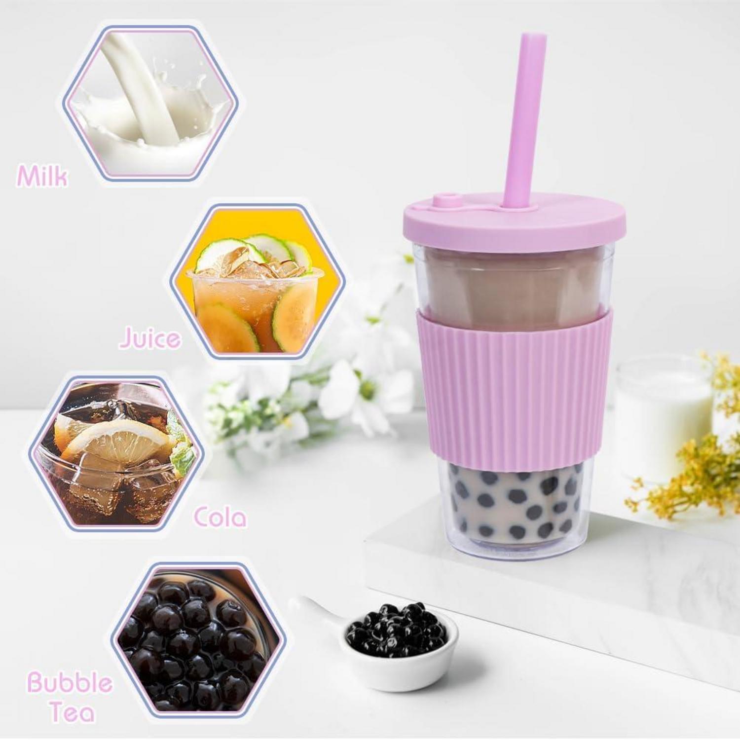 Bubble Tea Becher 500ml Smoothie Plastikbecher mit Strohhalm, 2er Set