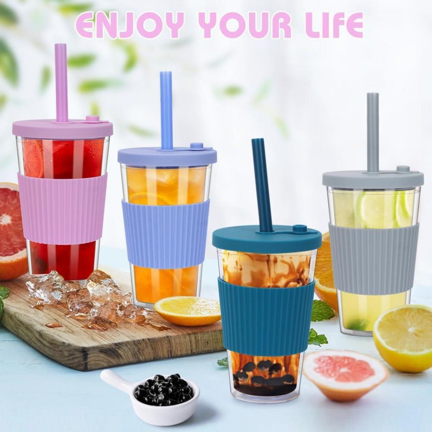 Bubble Tea Becher 500ml Smoothie Plastikbecher mit Strohhalm, 2er Set