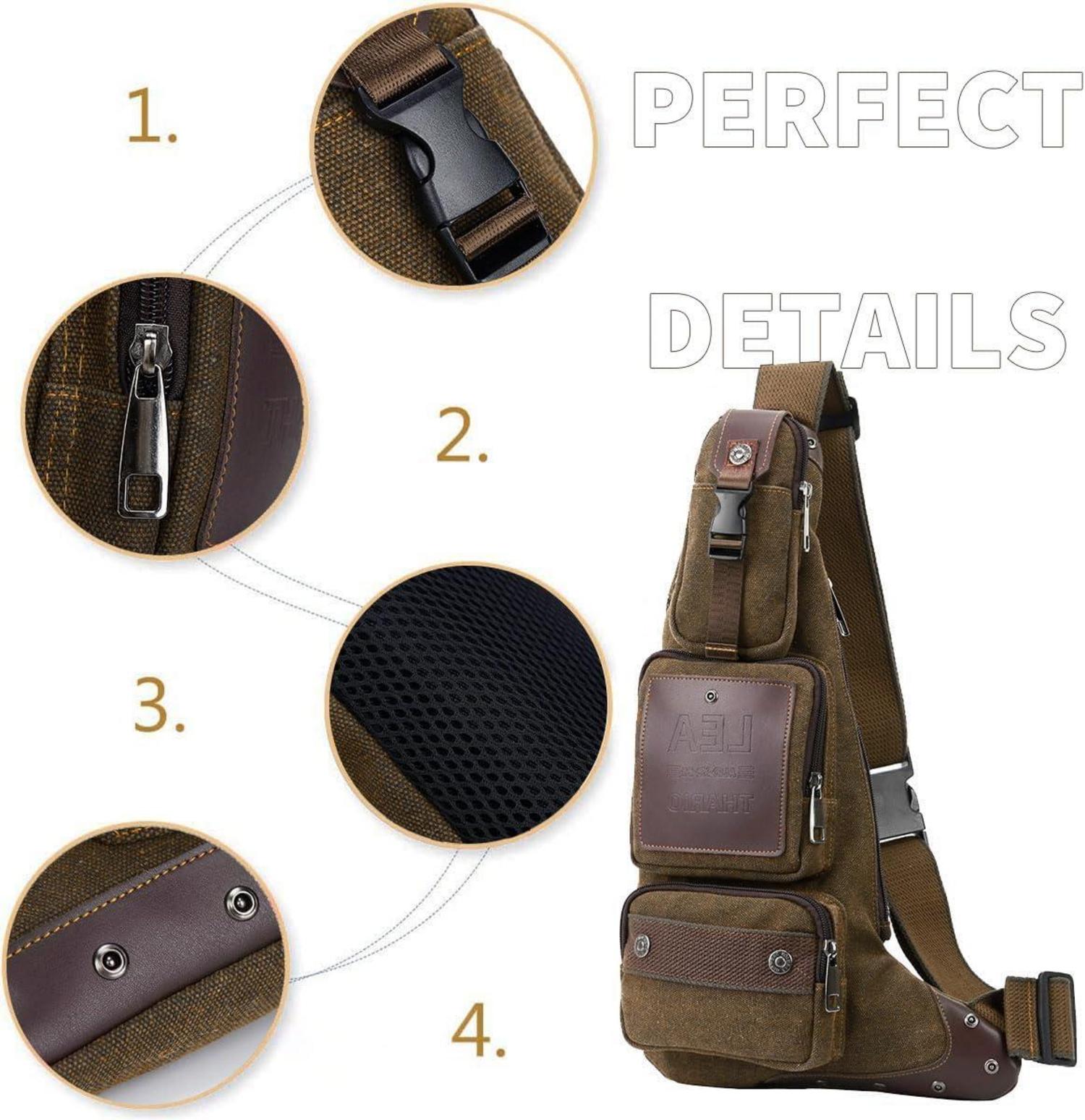 Leathario Herren Canvas Brusttasche Crossbody Bag Braun, Schulterrucksack für Arbeit Radfahren