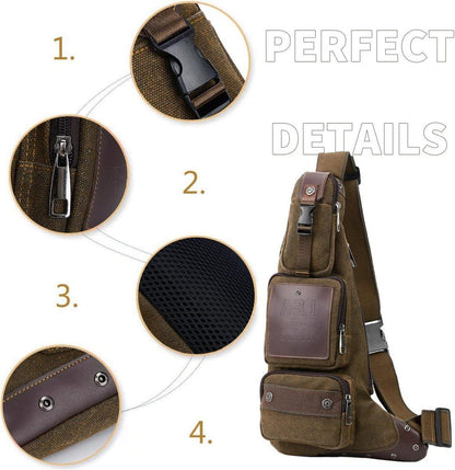 Leathario Herren Canvas Brusttasche Crossbody Bag Braun, Schulterrucksack für Arbeit Radfahren