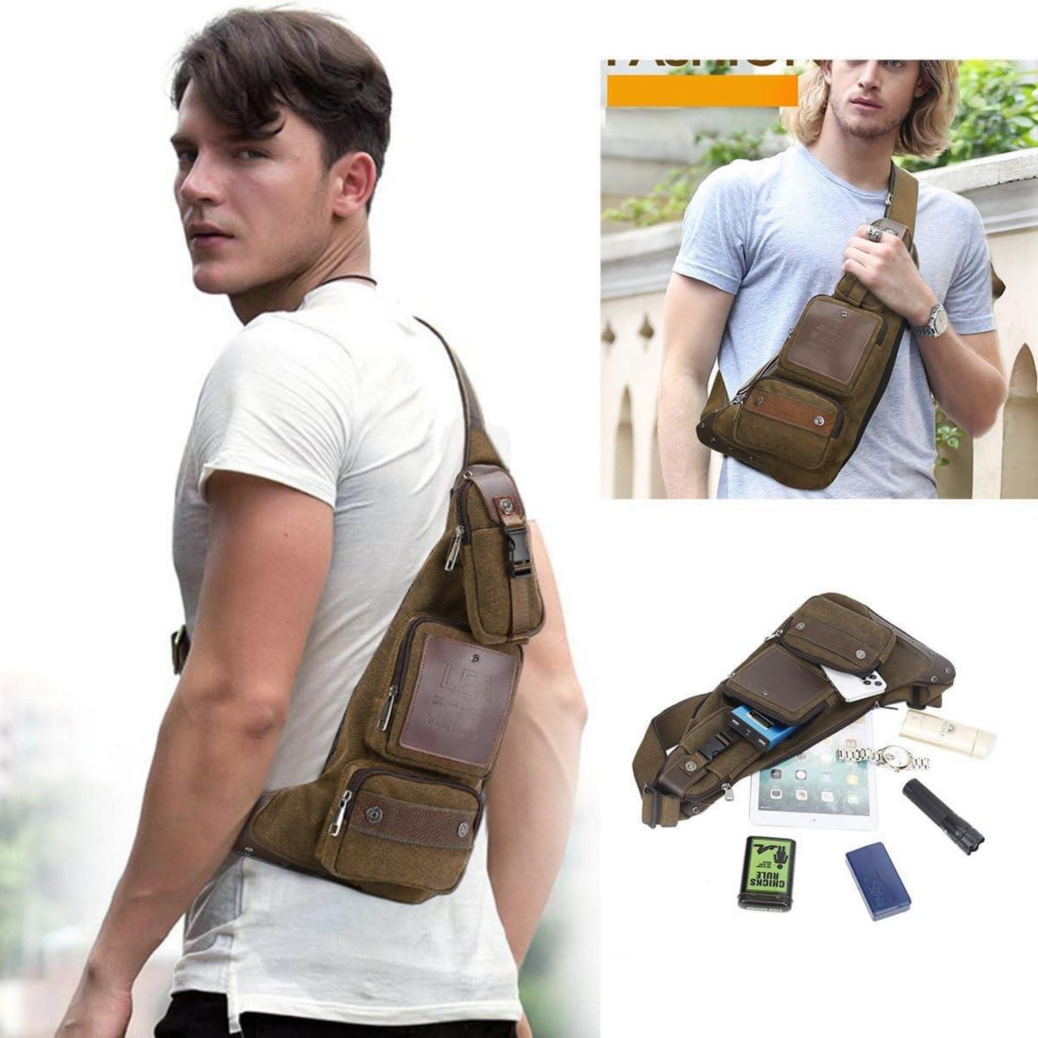 Brusttasche Herren Canvas Crossbag Sling Rucksack Braun