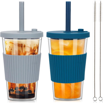 Bubble Tea Becher 500ml mit Strohhalm, 2pcs Smoothie Tumbler Isoliert