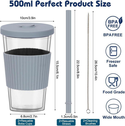 Bubble Tea Becher 500ml Doppelwandig Isoliert mit Strohhalm