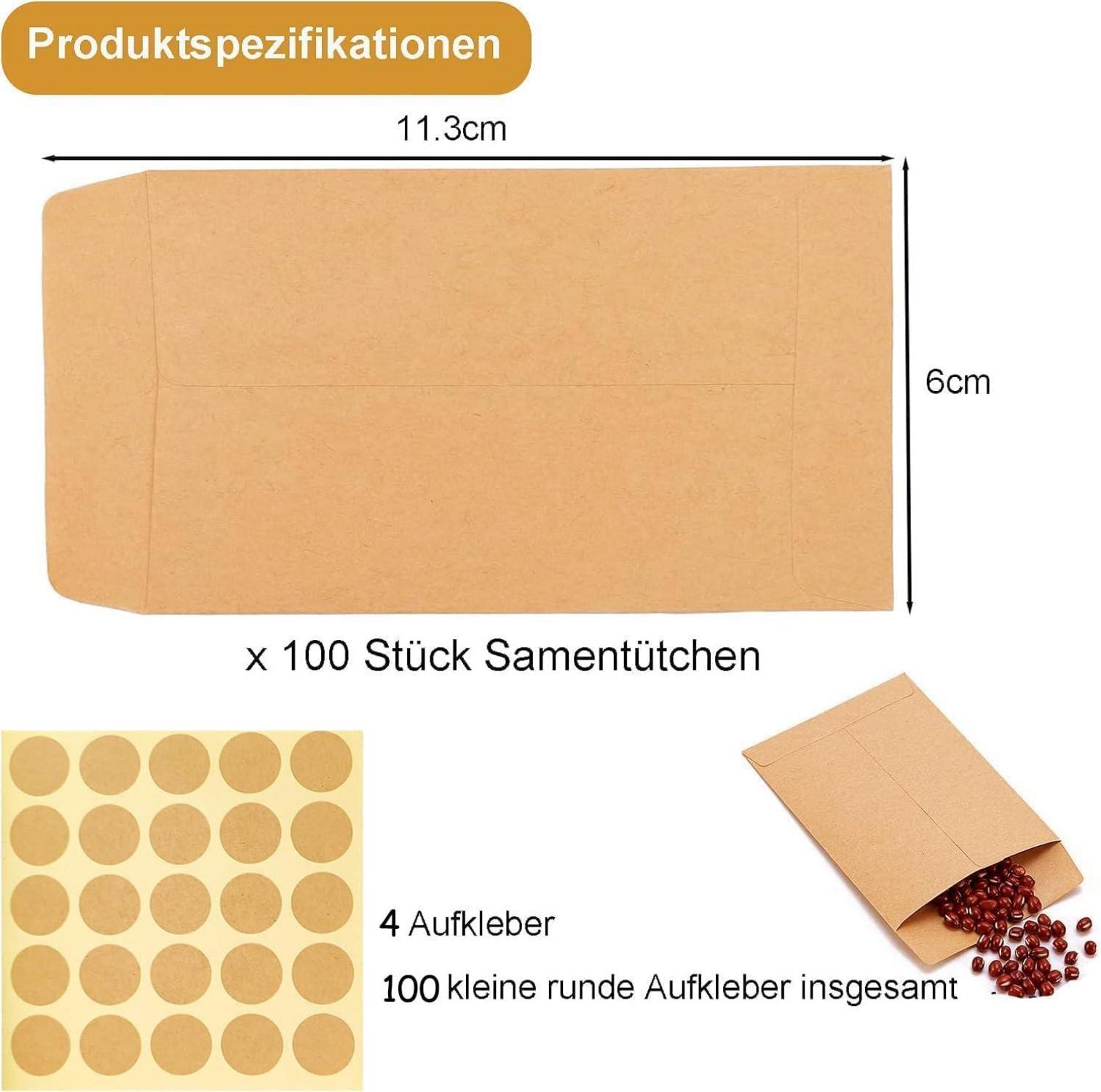 Samentütchen Kraftpapier Braun 100 Stück 6x10cm, Mini Verpackungstüten