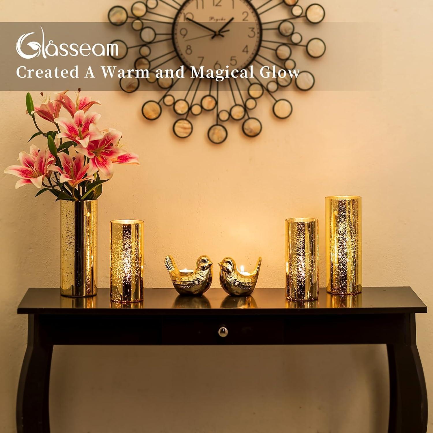 Goldene Glasvase Zylinder Kerzenhalter Set 6 Stück - Dekovasen für Hochzeit Tischdeko & Wohnzimmer - Blumenvase Modern