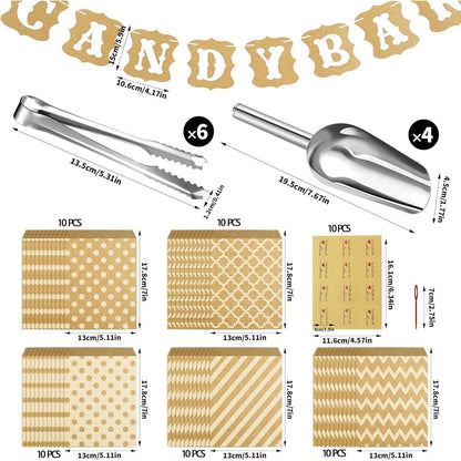71tlg Candybar Zubehör Set Tüten Sticker mit Zuckerzangen