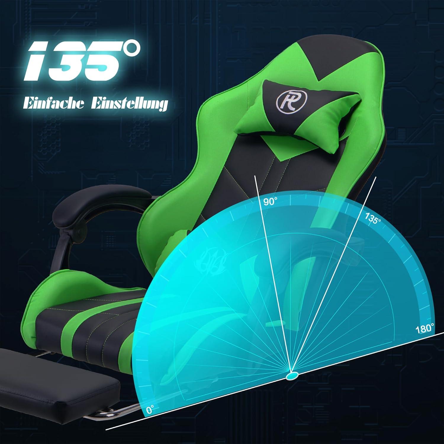 Ergonomischer Gaming Stuhl Bürostuhl Rennstuhl PC Stuhl Grün mit Fußstütze
