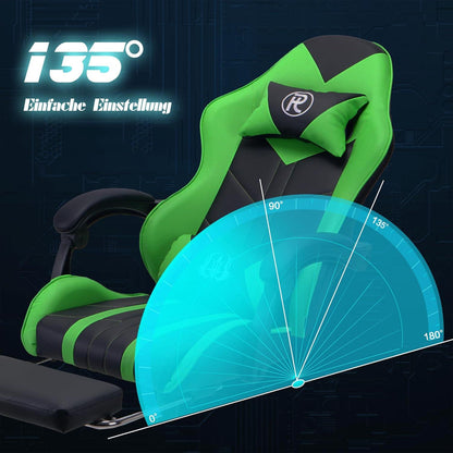 Ergonomischer Gaming Stuhl Bürostuhl Rennstuhl PC Stuhl Grün mit Fußstütze