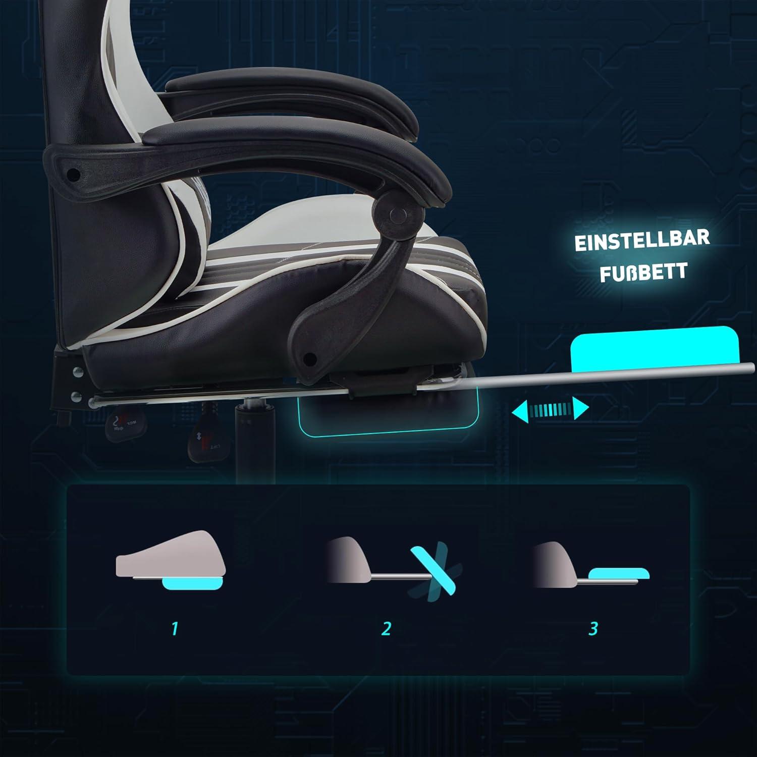 Gaming Stuhl Bürostuhl Weiß Leder Ergonomisch Rennstuhl mit Fußstütze