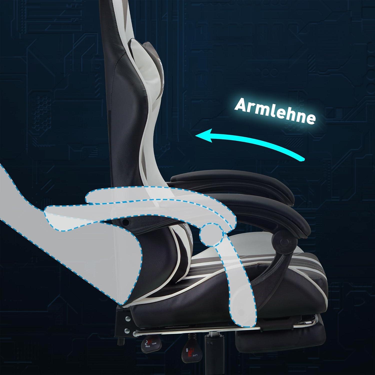 Ergonomischer Gaming Bürostuhl Weiß mit Fußstütze - 200 kg - PU-Leder
