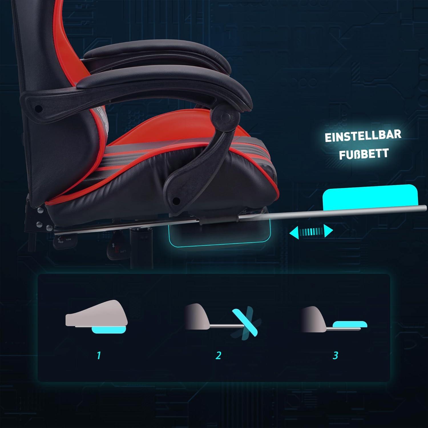 Ergonomischer Gaming Stuhl Bürostuhl mit Fußstütze Rot