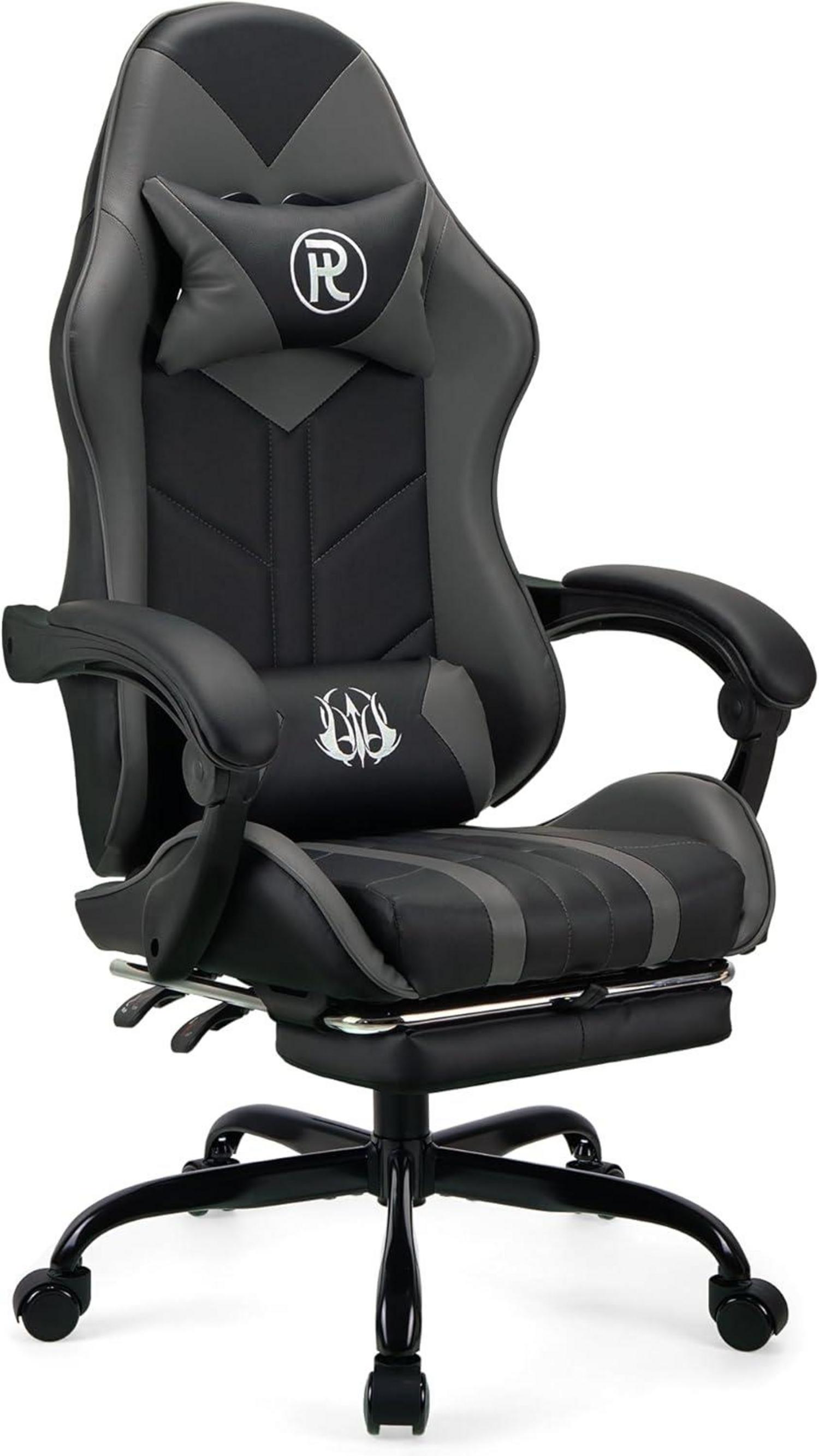 Ergonomischer Gaming Stuhl mit Fußstütze Grau - PU-Leder Rennstuhl