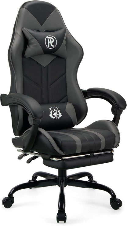 Ergonomischer Gaming Stuhl mit Fußstütze Grau - PU-Leder Rennstuhl