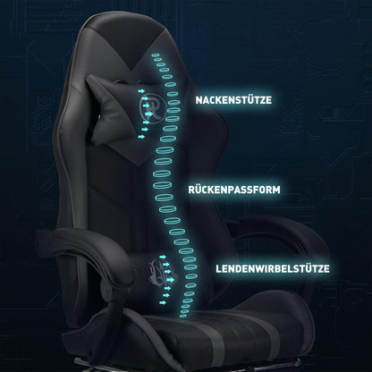 Ergonomischer PC Gaming Stuhl mit Fußstütze Grau - 200kg Belastbarkeit - Modernes Design