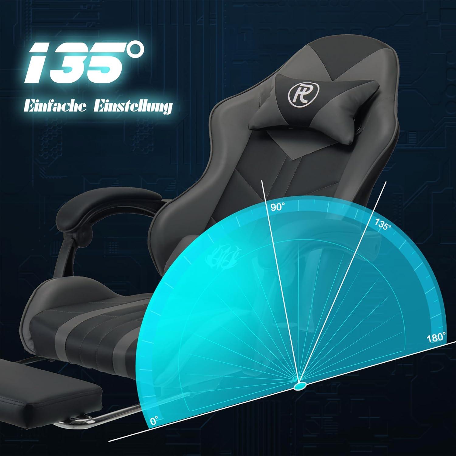 Ergonomischer Gaming Stuhl mit Fußstütze Grau - Bürostuhl Rennstuhl