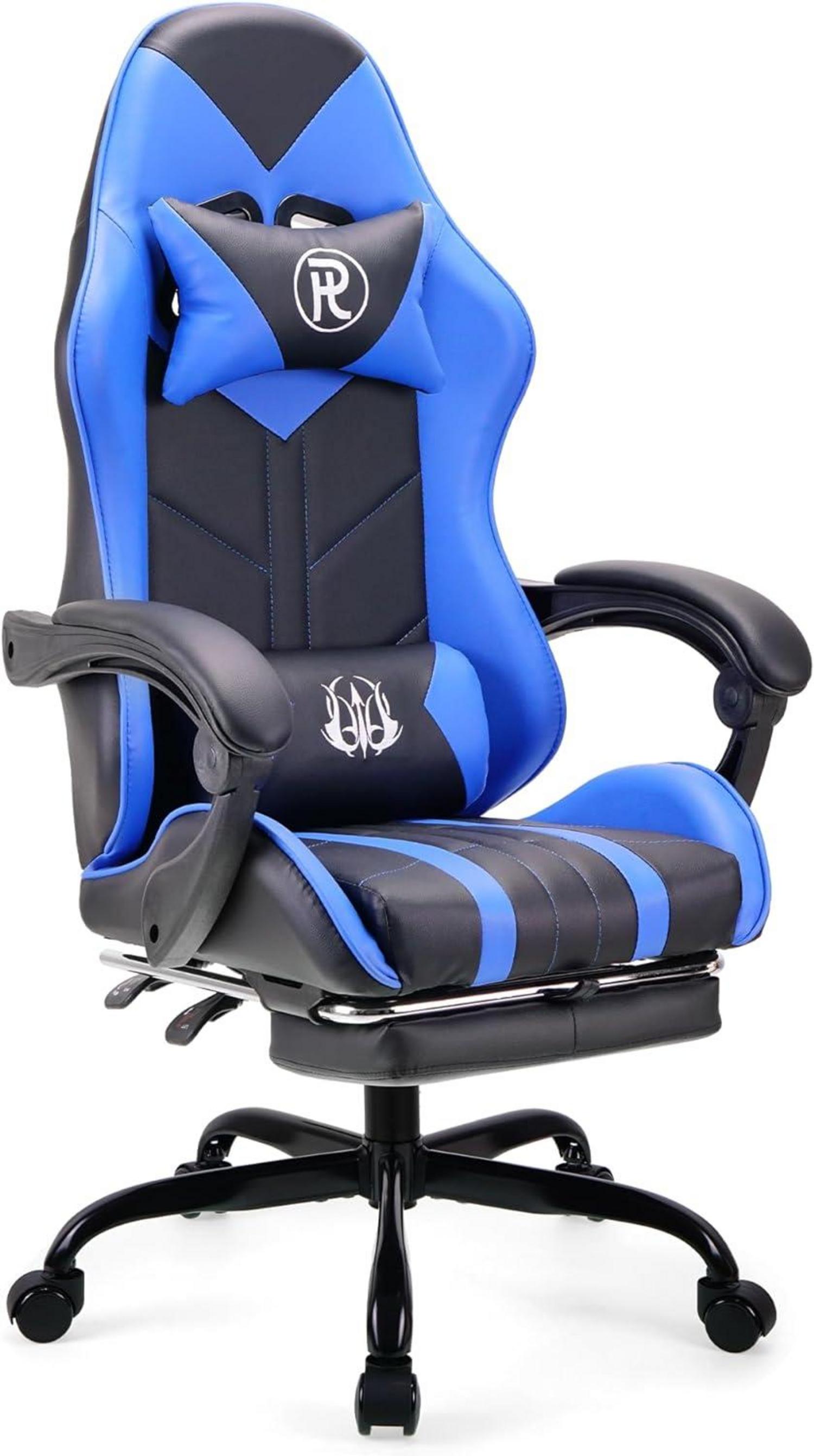 Ergonomischer Gaming Stuhl mit Fußstütze und Leder - Blau
