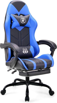Ergonomischer Gaming Stuhl mit Fußstütze und Leder - Blau