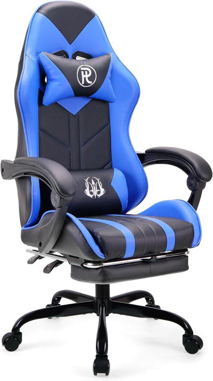 Ergonomischer Gaming Stuhl mit Fußstütze und Leder - Blau