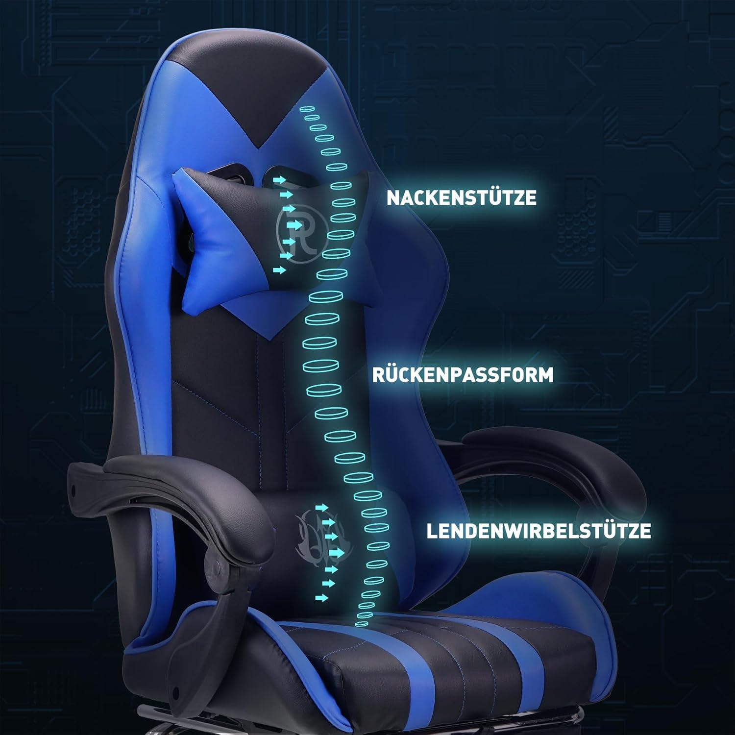 Ergonomischer Gaming Stuhl Bürostuhl mit Fußstütze Blau - PC Stuhl Rennstuhl Lederstuhl