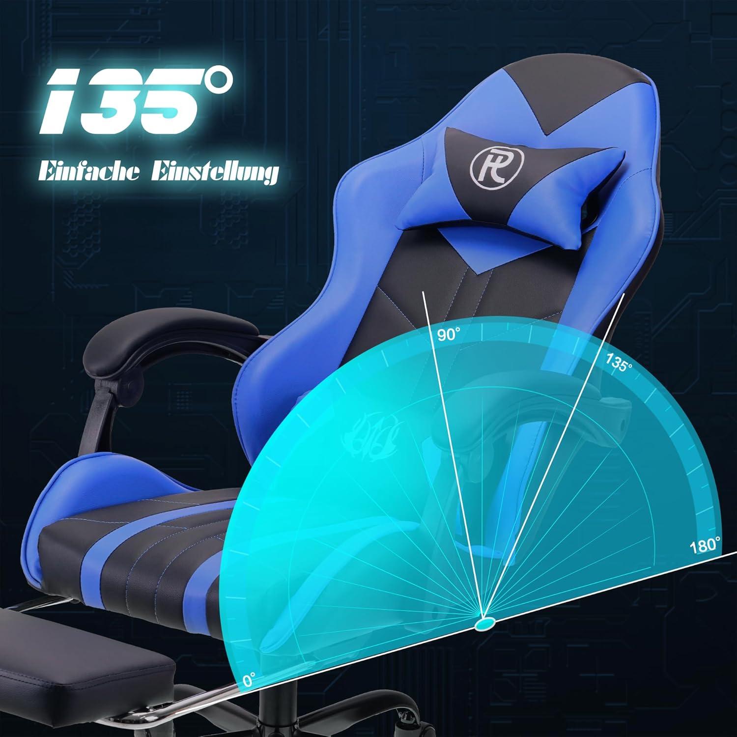 Ergonomischer Gaming Bürostuhl mit Fußstütze in Blau