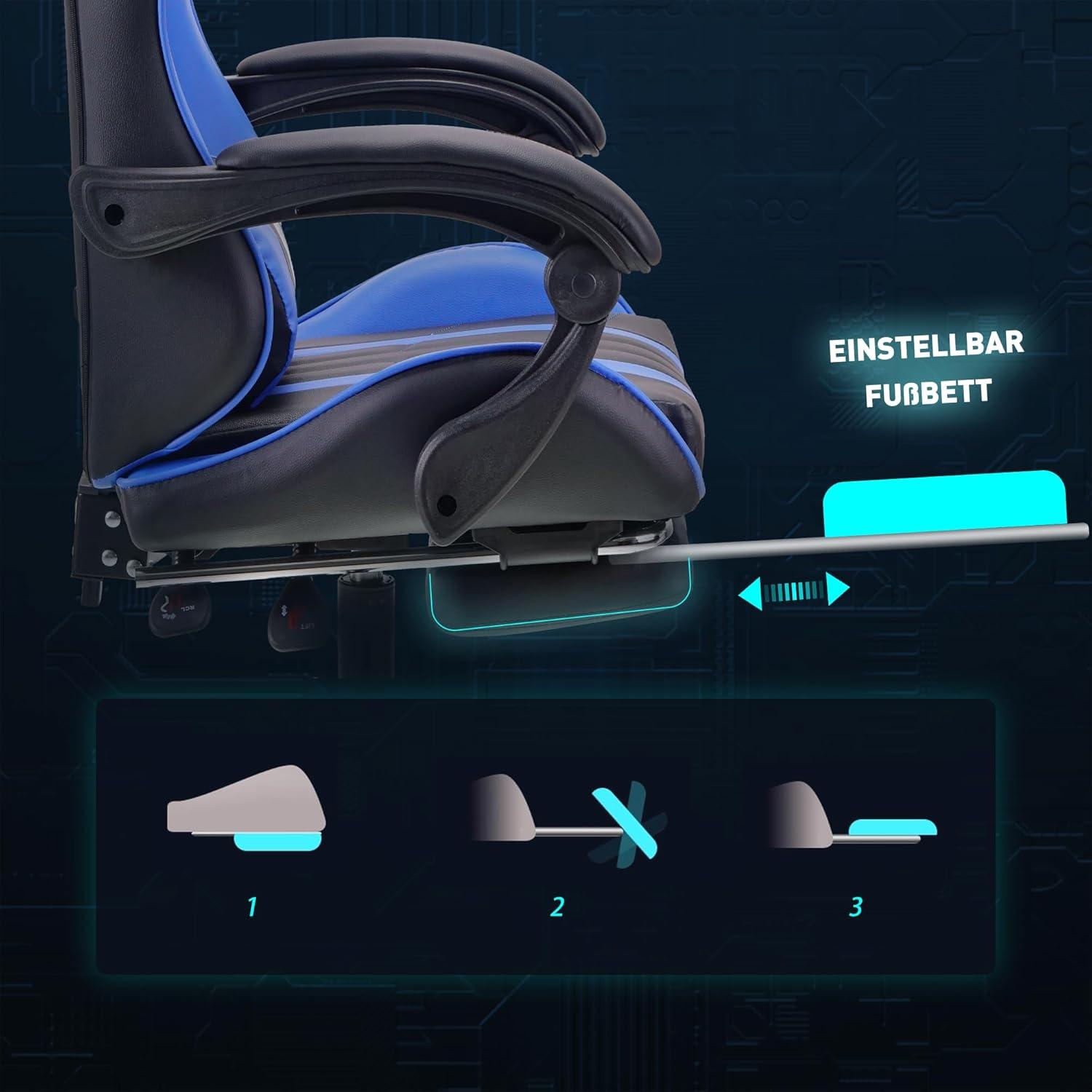 Gaming Stuhl Bürostuhl Blau PC mit Fußstütze Ergonomisch
