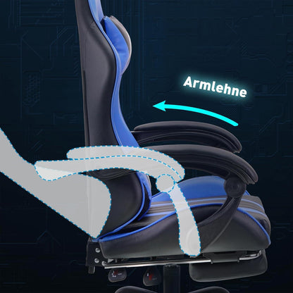 Ergonomischer Gaming Bürostuhl mit Fußstütze in Blau