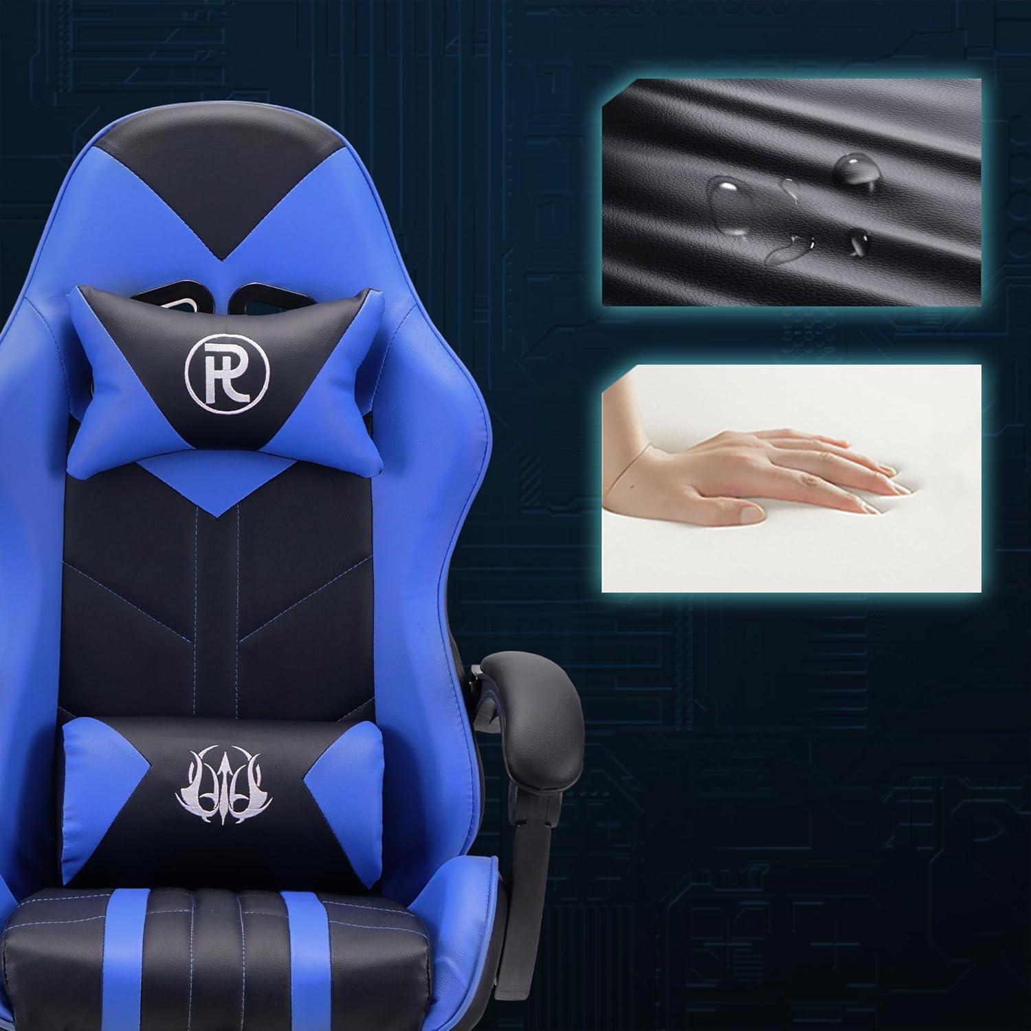 Ergonomischer Gaming Stuhl Bürostuhl mit Fußstütze Blau - PC Stuhl Rennstuhl Lederstuhl