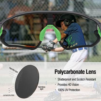 Kinder Sonnenbrille UV400 Baseball Jugend Sport TR90 Rahmen Schwarz Grün