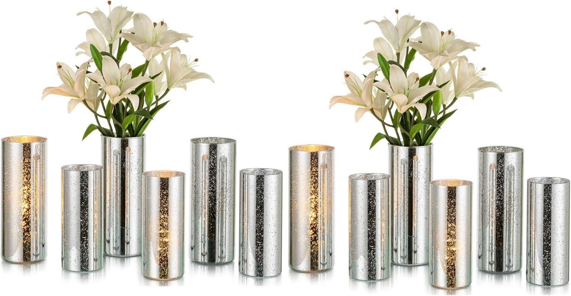 Moderne Silber Zylindervasen Set, 2er Pack Glass Vasen 12cm & 25cm