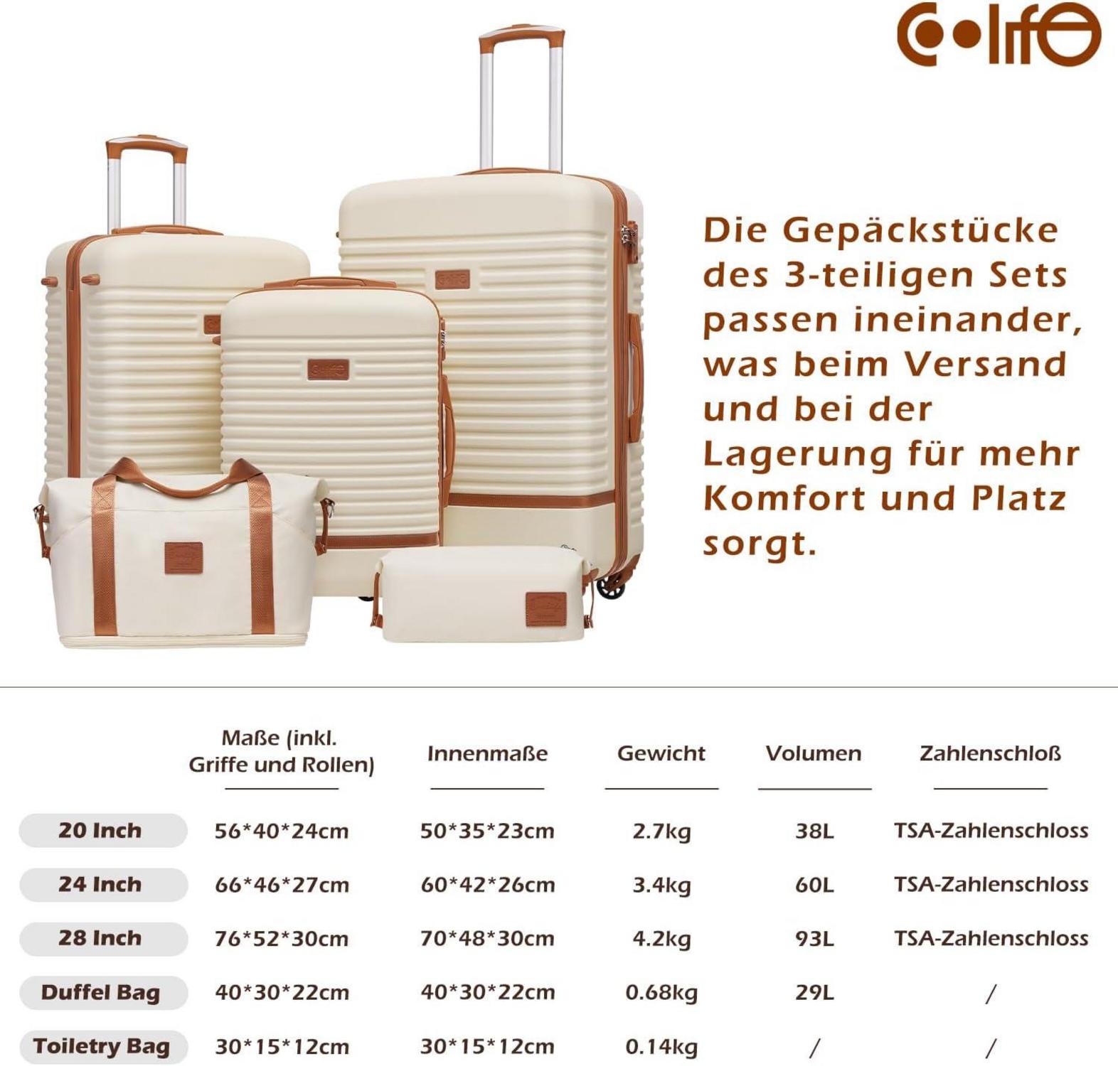 COOLIFE Koffer Trolley Set ABS Hartschale 4 Rollen TSA Rot/Braun 3tlg