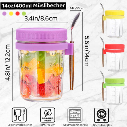 Glas Müslibecher to go mit Löffel 400ml - Joghurtbecher Overnight Oats