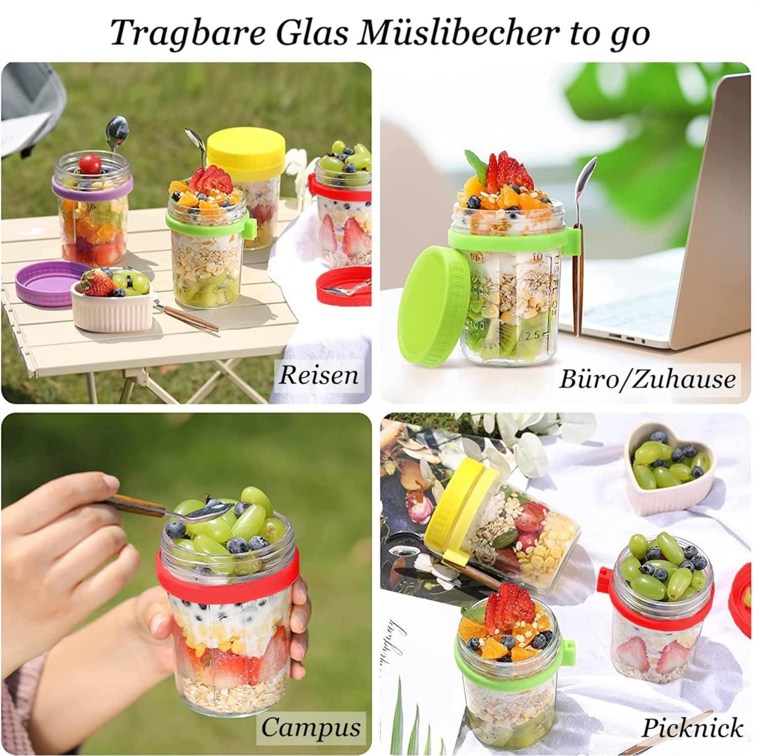 Glas Müslibecher to go mit Löffel, 400ml Joghurtbecher & Behälter - 2er Set