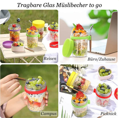 Glas Müslibecher to go mit Löffel, 400ml Joghurtbecher & Behälter - 2er Set
