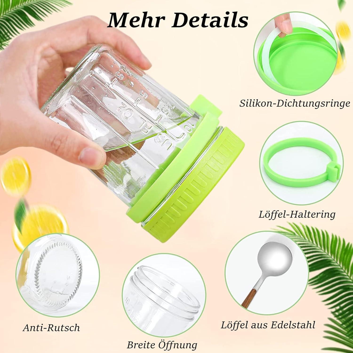 Glas Müslibecher to go mit Löffel, 400ml Joghurtbecher Luftdicht Bunt