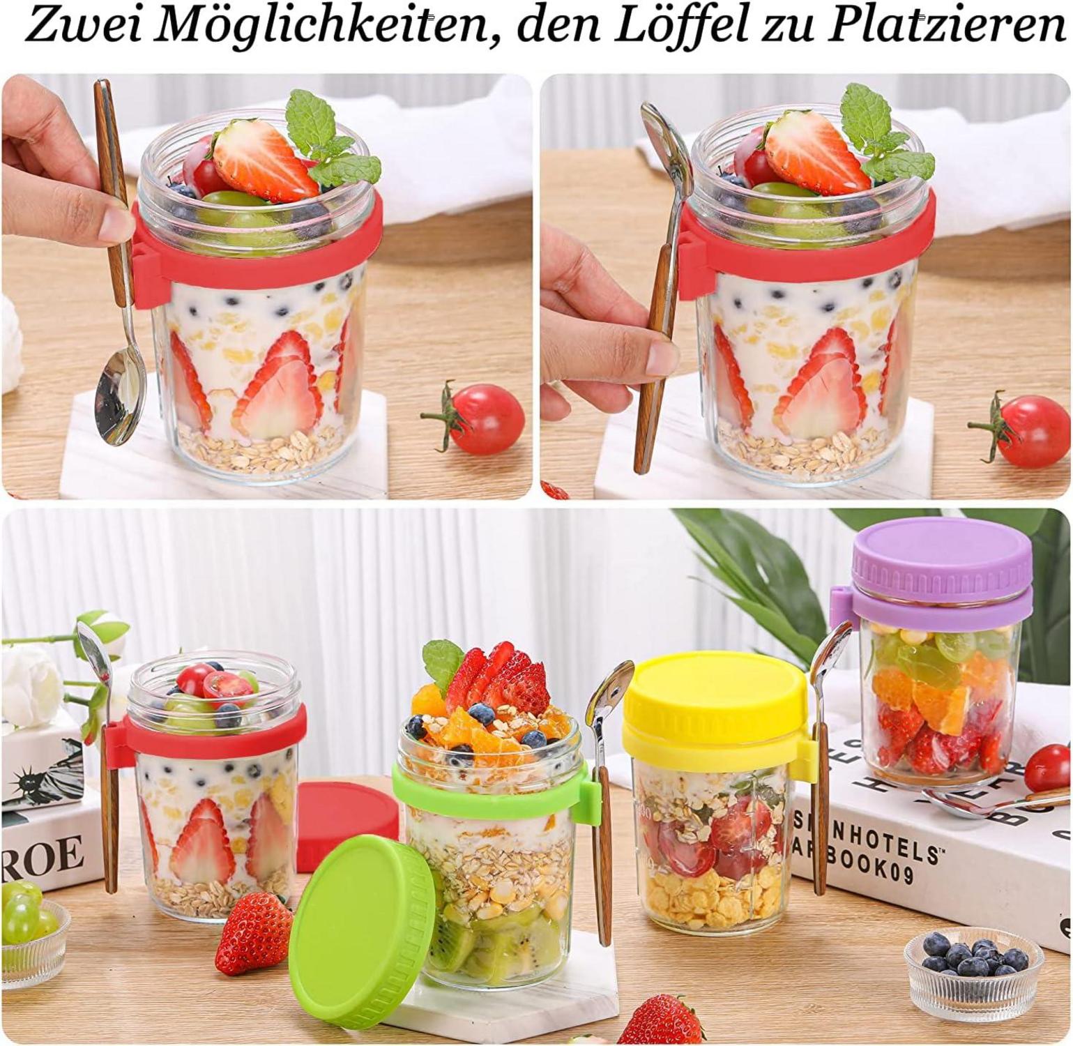 Glas Müslibecher to go mit Löffel, 400ml Joghurtbecher Luftdicht Bunt