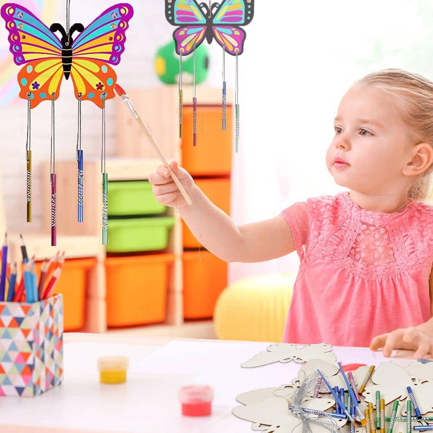 WIWJ 8 Stück Butterfly Windspiel Bastelset für Kinder - Kreative Holzmalerei mit Diamant Aufkleber & Pinsel