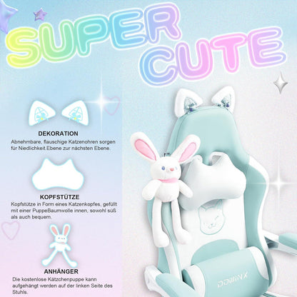Dowinx Gaming Stuhl Süße Katze Ergonomischer Computerstuhl Blau PU-Leder