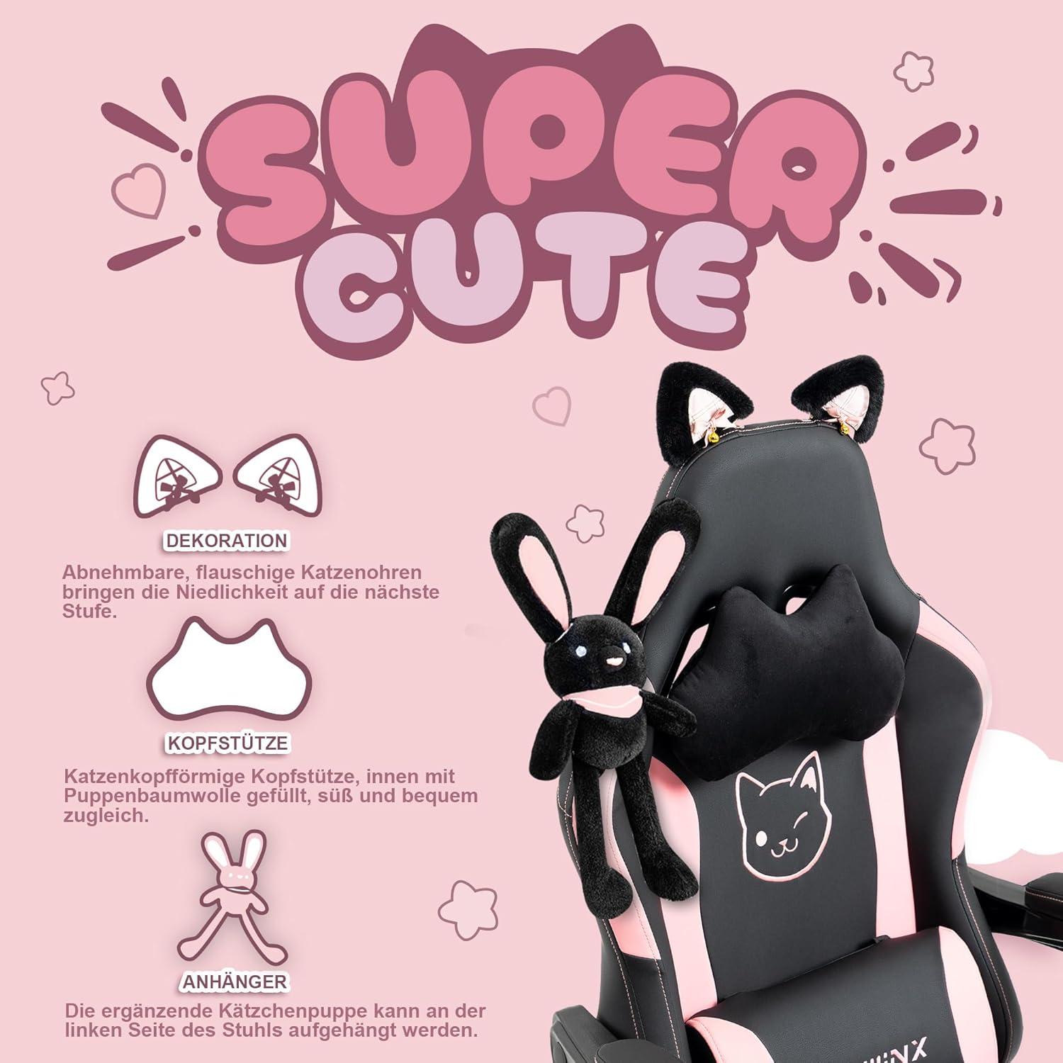 Dowinx Gaming Stuhl mit süßer Katze, Ergonomisch, PU-Leder, Schwarz