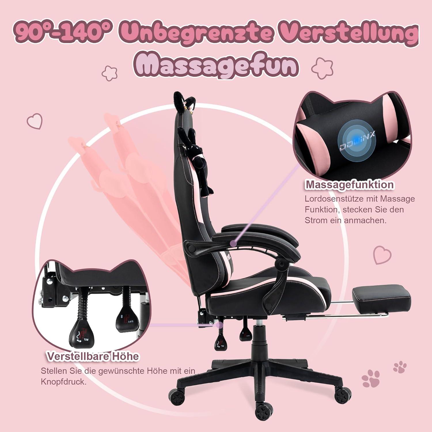 Dowinx Gaming Stuhl Katze Edition Ergonomisch Hoher Rücken PU-Leder Black