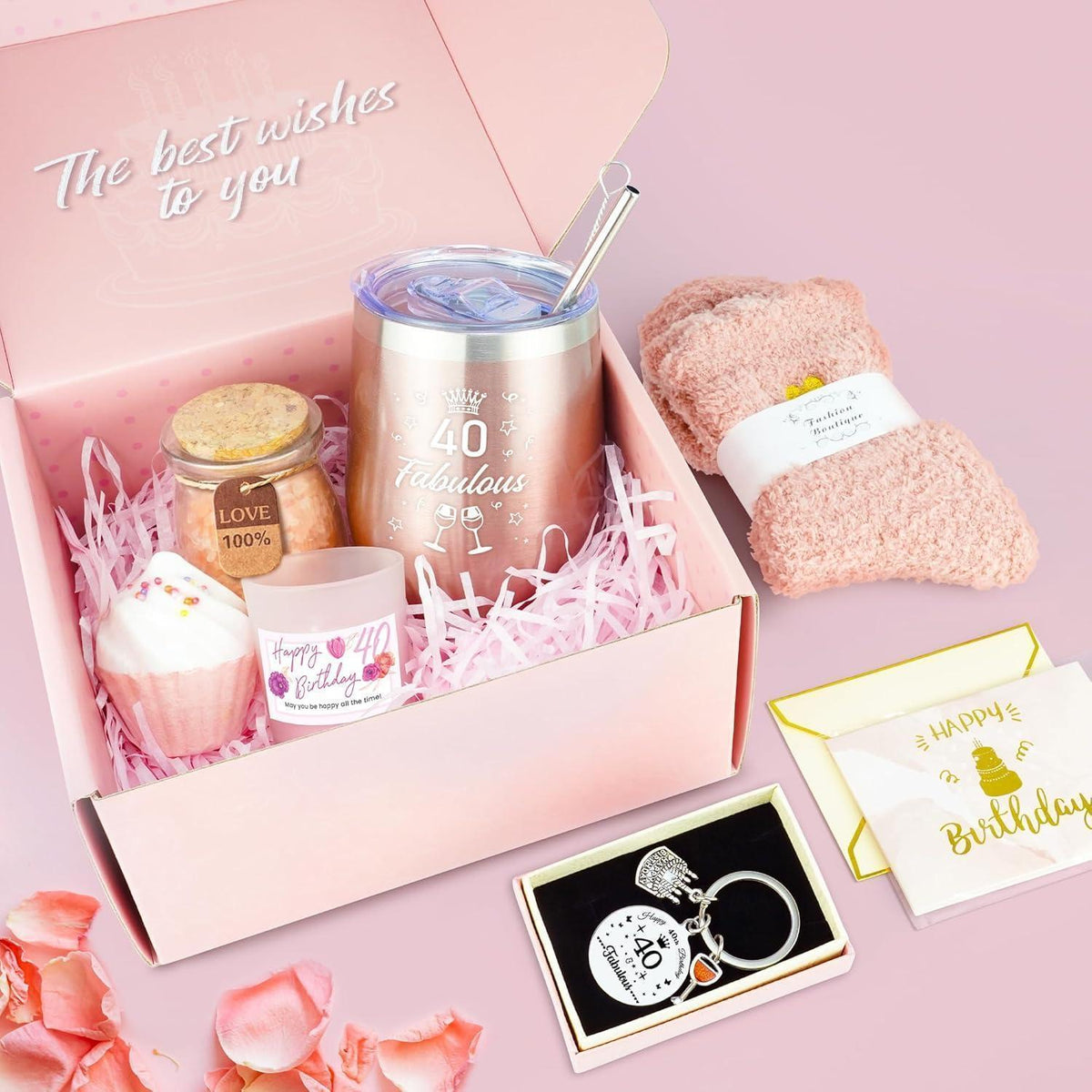 40. Geburtstag Geschenkset für Frauen – Isolierter Becher, Badesalz, Kerze