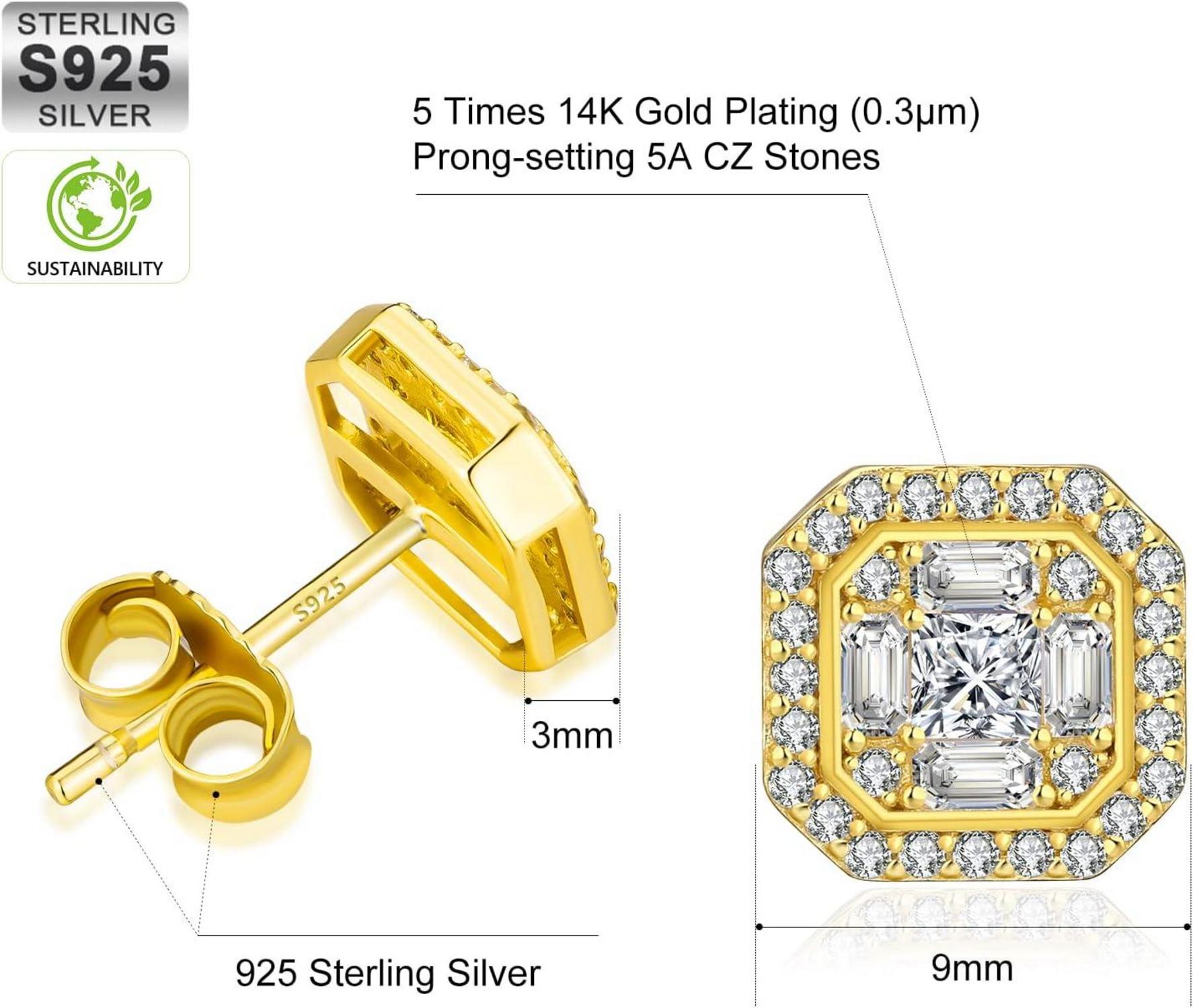 KRKC&CO Herren Ohrringe S925 Silber Iced Out 14K Gold Zirkonia 9mm