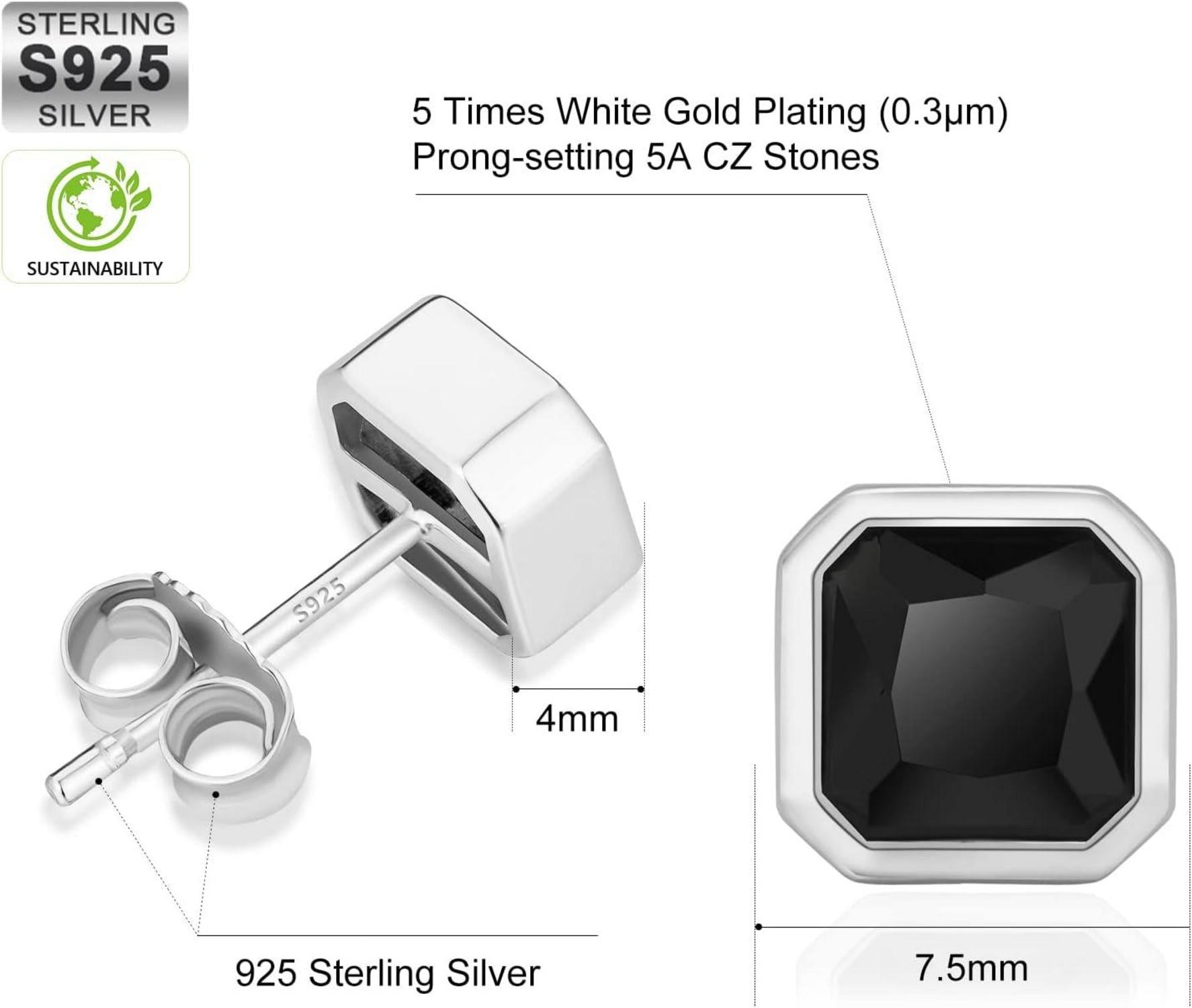 Schwarze Oynx Stein Ohrstecker 925 Sterling Silber Herren 8mm