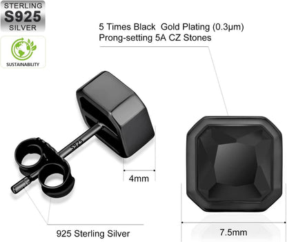 Herren Schwarz Onyx 925 Sterling Silber Ohrstecker 8mm