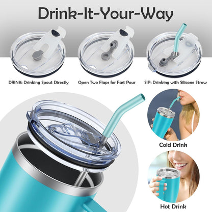 KETIEE 850ml Thermobecher mit Strohhalm und 2 Deckeln Tumbler Kaffeetasse - Blau