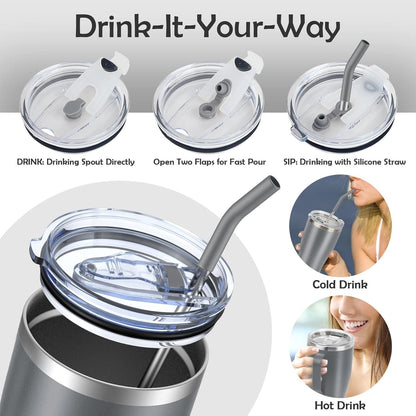 KETIEE Thermobecher 850ml mit Strohhalm und 2 Deckeln Edelstahl Isolierbecher Grau