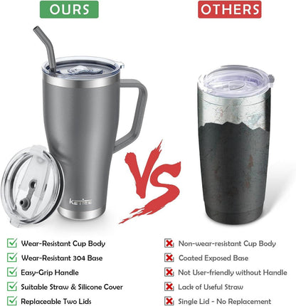 Thermobecher 850ml mit Strohhalm und 2 Deckeln Edelstahl Isolierbecher Grau