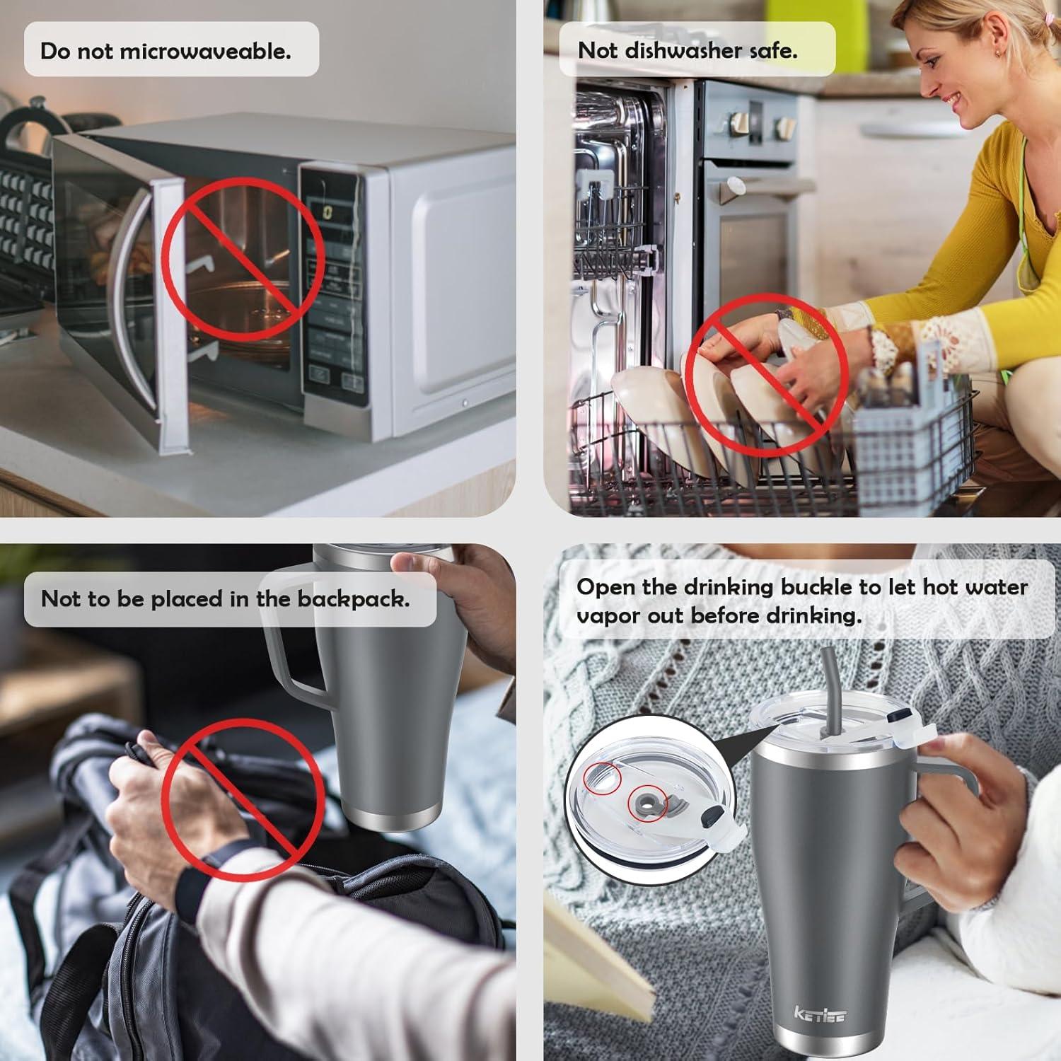 KETIEE Thermobecher 850ml mit Strohhalm und 2 Deckeln Edelstahl Isolierbecher Grau