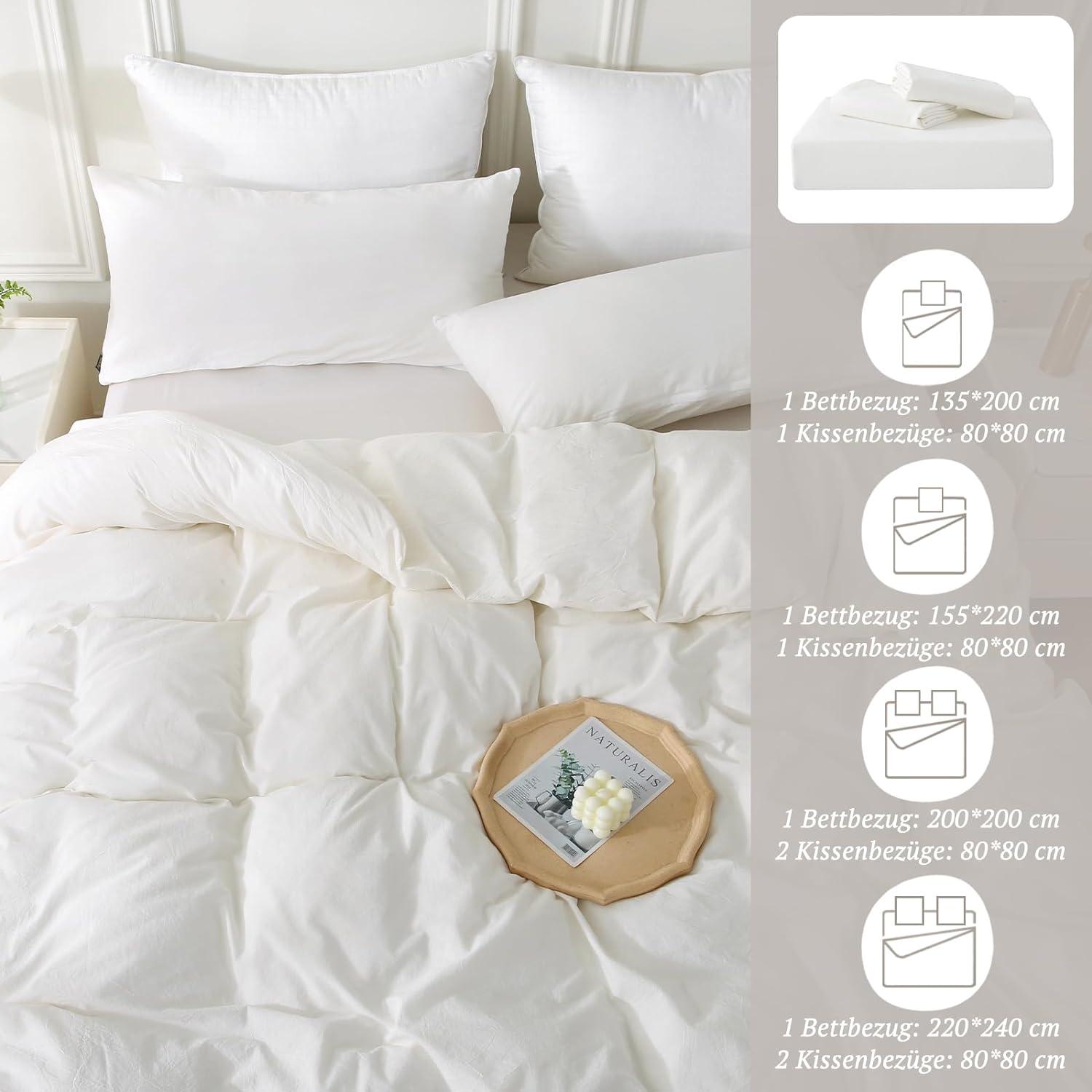 Bettwäsche-Set 135x200 Baumwolle 4tlg Milky White Stone Washed-Look