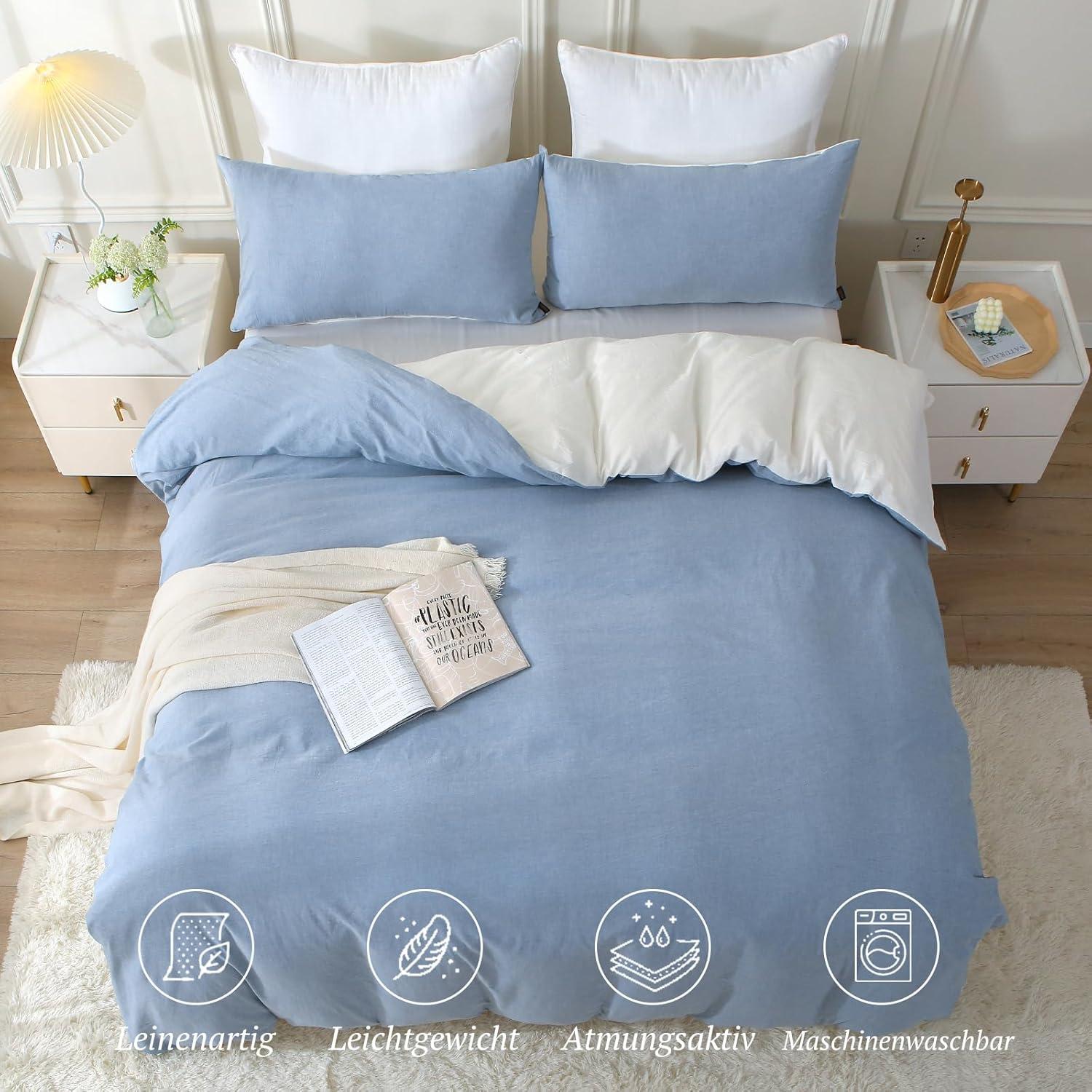 SOULFUL Bettwäsche 135x200 Blau Baumwolle 4 tlg. Stone Washed Leinen Vintage-Look